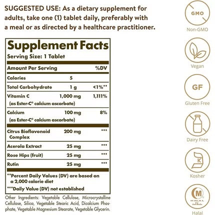 Solgar Ester-C Plus 1000 mg витамин С таблетки 30 опаковки - Поддържа здрава имунна система - Силно усвоими - Веган и без глутен