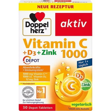 Doppelherz Vitamin C 1000 + D3 + Zinc High Dose Immune Support 30 Depot Tablets